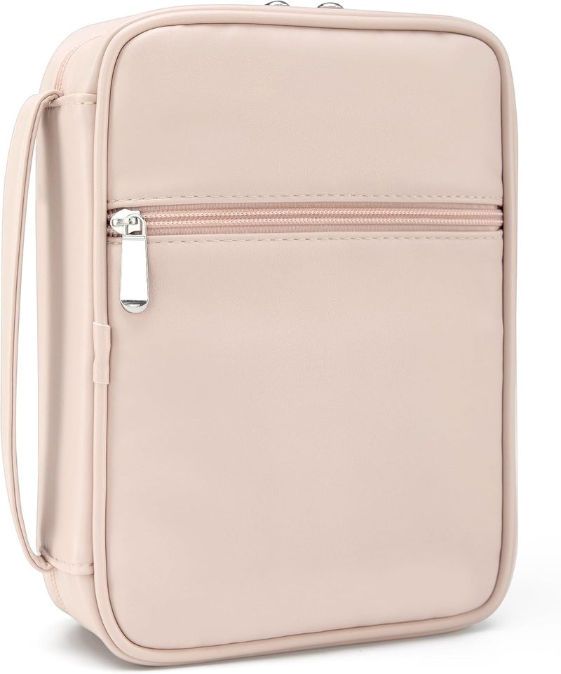 Aburbe Small Bible Cover Case for Women and Men, 9x6 PU Leather Bible Sleeve, Compact Travel Bible Carrier Bag with Front Pen Holders, Zipper Closure, Inner Pockets - Beige - Image 1